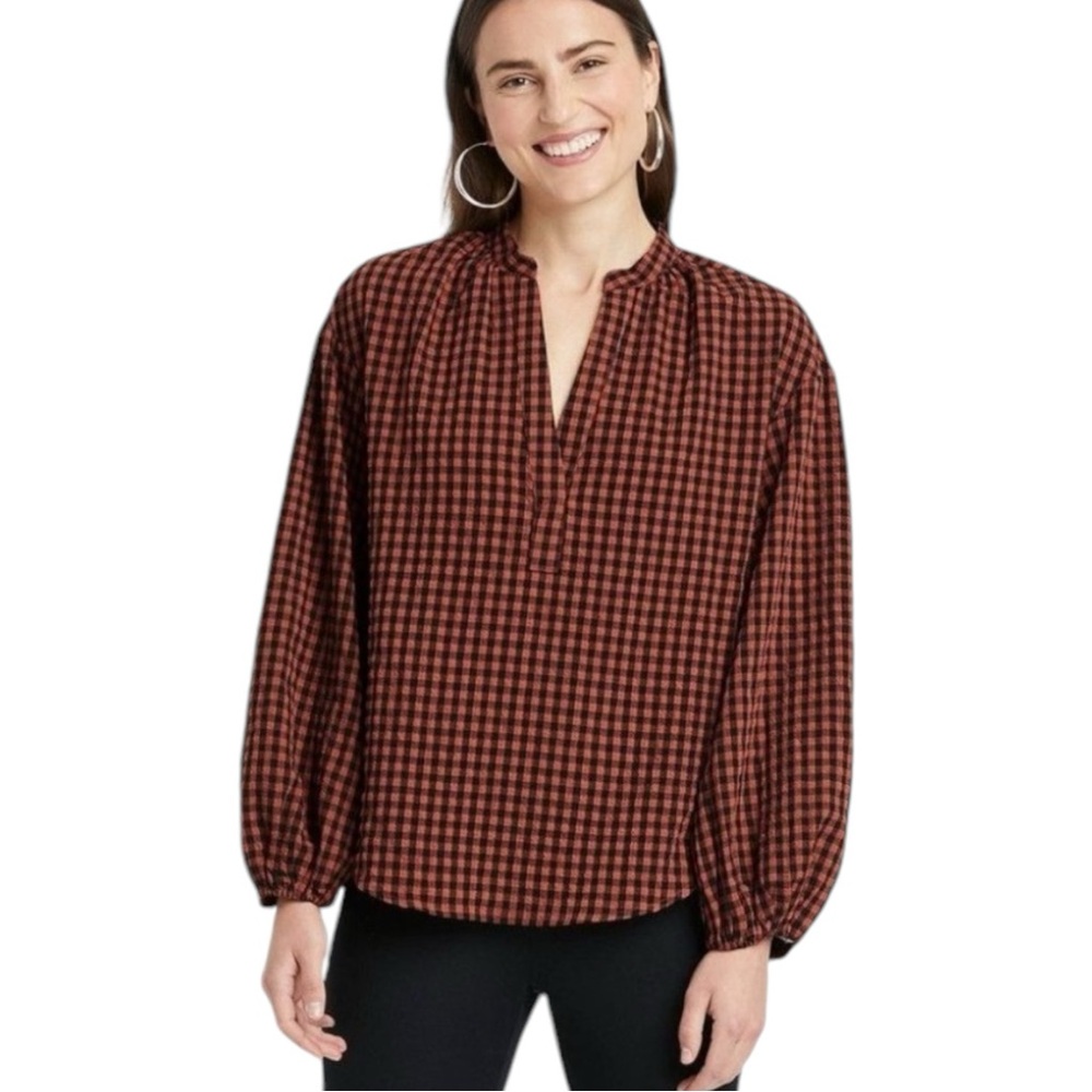 A New Day Women’s Medium Long Sleeve Checkered Plaid Gingham Puff Sleeves Top